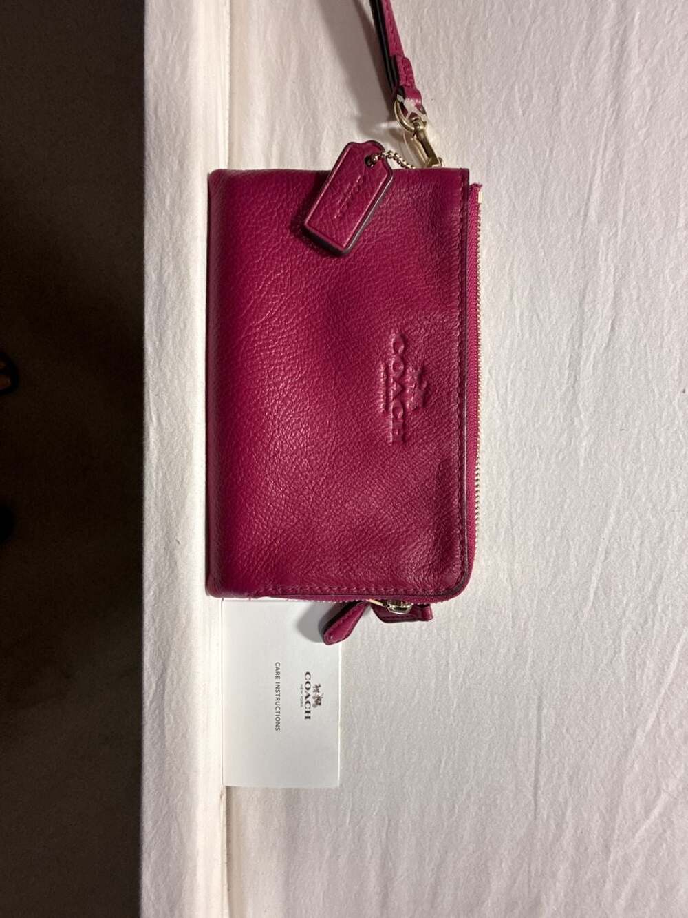Coach Double Corner Zip Wristlet In Pebble Leather Fuchsia
